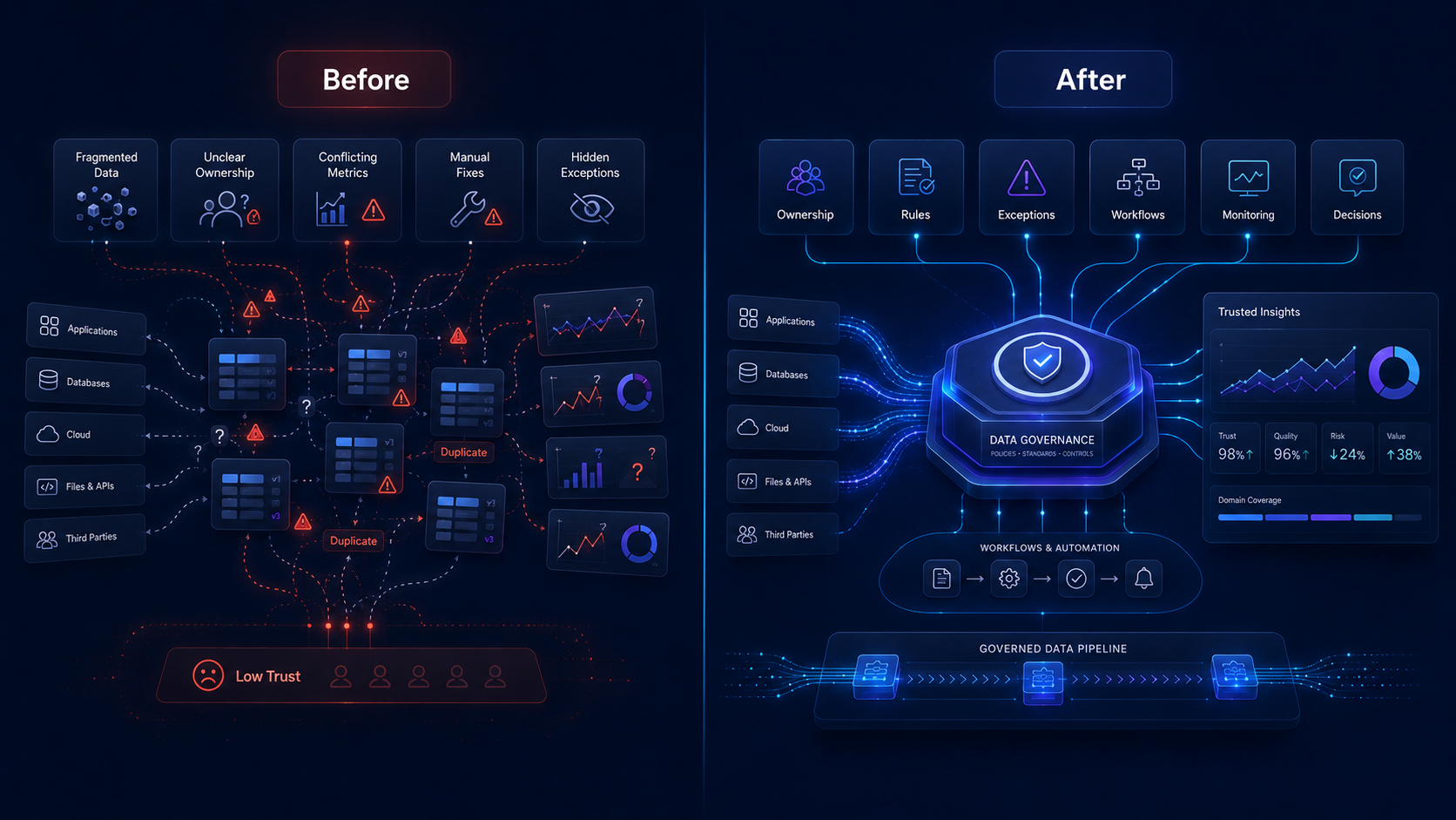 Before and after comparison showing fragmented theoretical governance becoming an operational trusted governance model