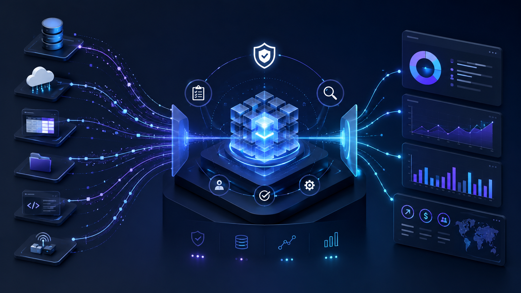 AI-supervised business data trust hero illustration showing source systems, trust controls, and reliable business outputs