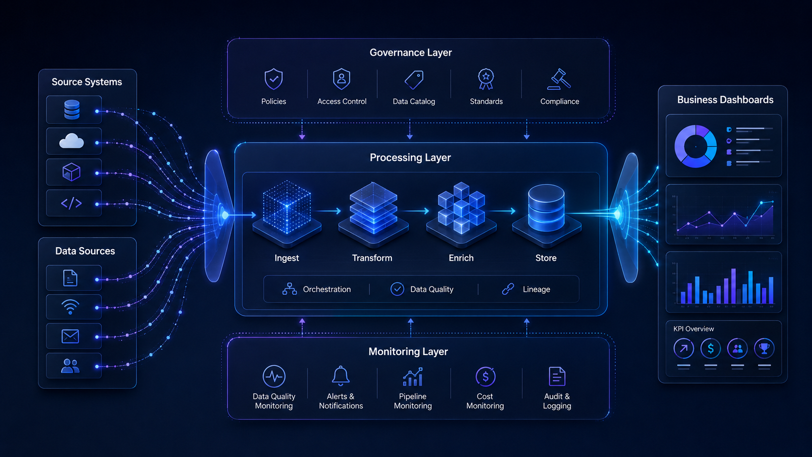 Architecture diagram for business data trust with source systems, processing, governance, monitoring, dashboards, and decision outputs
