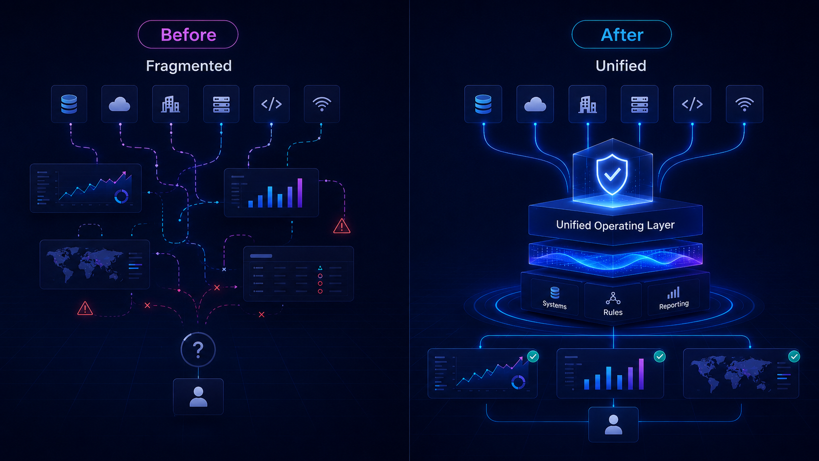 Before and after comparison showing fragmented disconnected data architecture becoming a unified trusted operating layer
